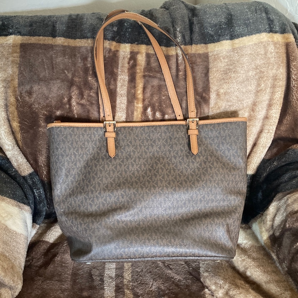 Michael Kors Brown Logo Tote with Tan Leather Straps